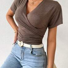 Women Summer Solid Color Pleated Slim Fit V-Neck Short Sleeve Casual T-Shirt - Negro - Ver 7
