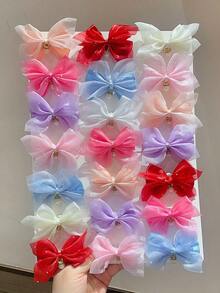 8pcs Candy Color Sweet Double-Layer Tulle Bow Hair Clips With Rhinestone & Pearl Pendant, Cute Girl Princess Hair Accessories For Daily Wear And Party - Multicolor - View 1