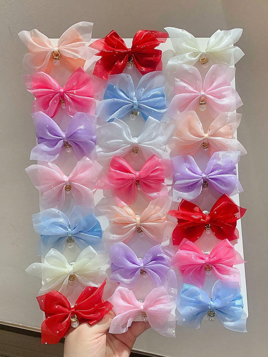 8pcs Candy Color Sweet Double-Layer Tulle Bow Hair Clips With Rhinestone & Pearl Pendant, Cute Girl Princess Hair Accessories For Daily Wear And Party - Multicolor - View 1