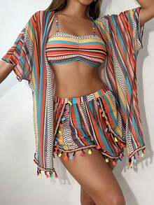 4 piezas Conjunto de bikini con parte superior fruncida con estampado geométrico de moda y Bottom con estampado geométrico, cubrecostillas con flecos multicolor y shorts, conjunto de bikini de carnaval de verano, playa de verano - Multicolor - Ver 3
