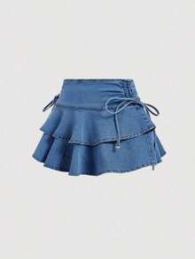 MOD Falda de mezclilla de moda para mujer con cintura anudada a los lados y dobladillo con doble volante - Lavado ligero - Ver 5