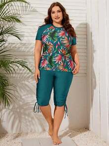 Swim Lushoire Conjunto de protector solar para mujer de talla grande con impresión de plantas tropicales en contraste para la playa de verano - verde menta - Ver 4