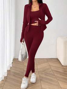 Conjunto deportivo de 3 piezas para mujer: Cárdigan de punto con cremallera + Camiseta + Pantalones en color negro - Burdeos - Ver 4