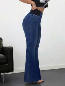 Tall Pantalones vaqueros de mujer casuales, ajustados y elásticos con vuelo, pantalones vaqueros azules ajustados de cintura alta con vuelo para mujeres altas, pantalones vaqueros de verano - Azul lavado oscuro 2 - Ver 5