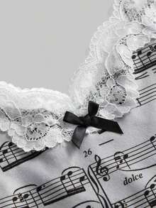 ROMWE Conjunto de 3 piezas con camiseta de tirantes con encaje y estampado de notas musicales y teclado de piano, estilo retro Y2K - Multicolor 2 - Ver 3