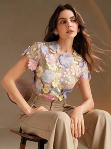 Blusa romántica con bordado en 3D de flores multicorror - Rosa Pálido - Ver 7