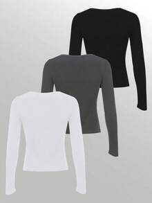 Camiseta de manga larga de unicolor informal para mujer, versátil y sencilla, para otoño - Multicolor 5 - Ver 2