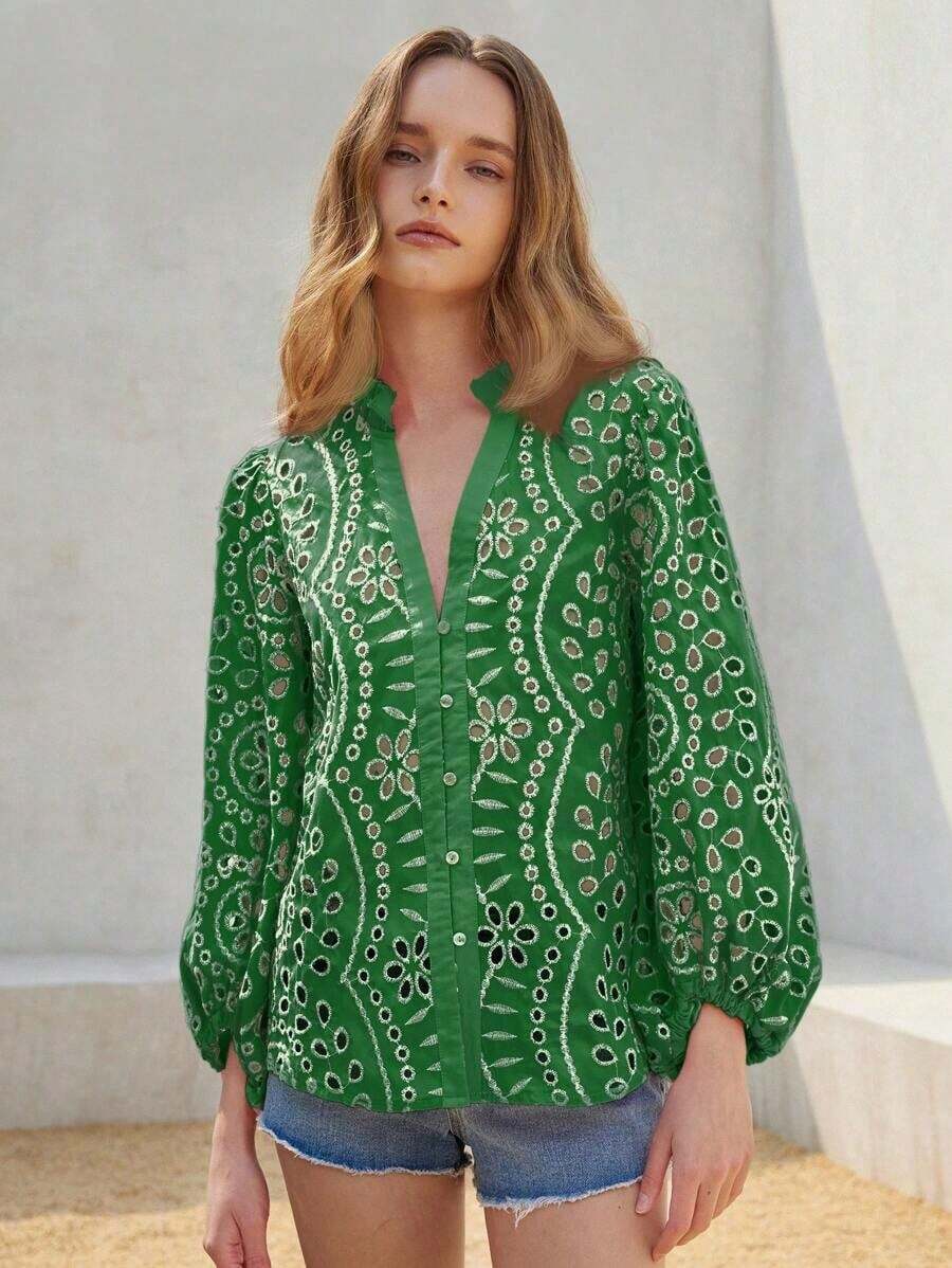 Camisa de mujer de unicolor con cuello Mao, versátil y casual para uso diario - Verde - Ver 1