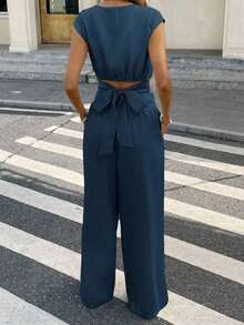 Conjunto de 2 piezas de blusa y pantalones con lazo en la espalda de unicolor para mujer, un conjunto de top holgado y pantalón de pierna ancha con lazos en la espalda, unicolor, elegante y casual, adecuado para el uso diario, primavera/verano - Azul marino - Ver 4