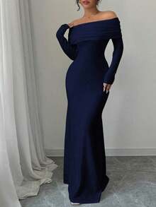 Vestido largo de punto acanalado con manga larga, cintura ceñida, hombros descubiertos, espalda descubierta, doblez de cola de pez, elegante y sexy, color blanco, para otoño/invierno, atuendo de mujer maxi - Azul marino - Ver 7