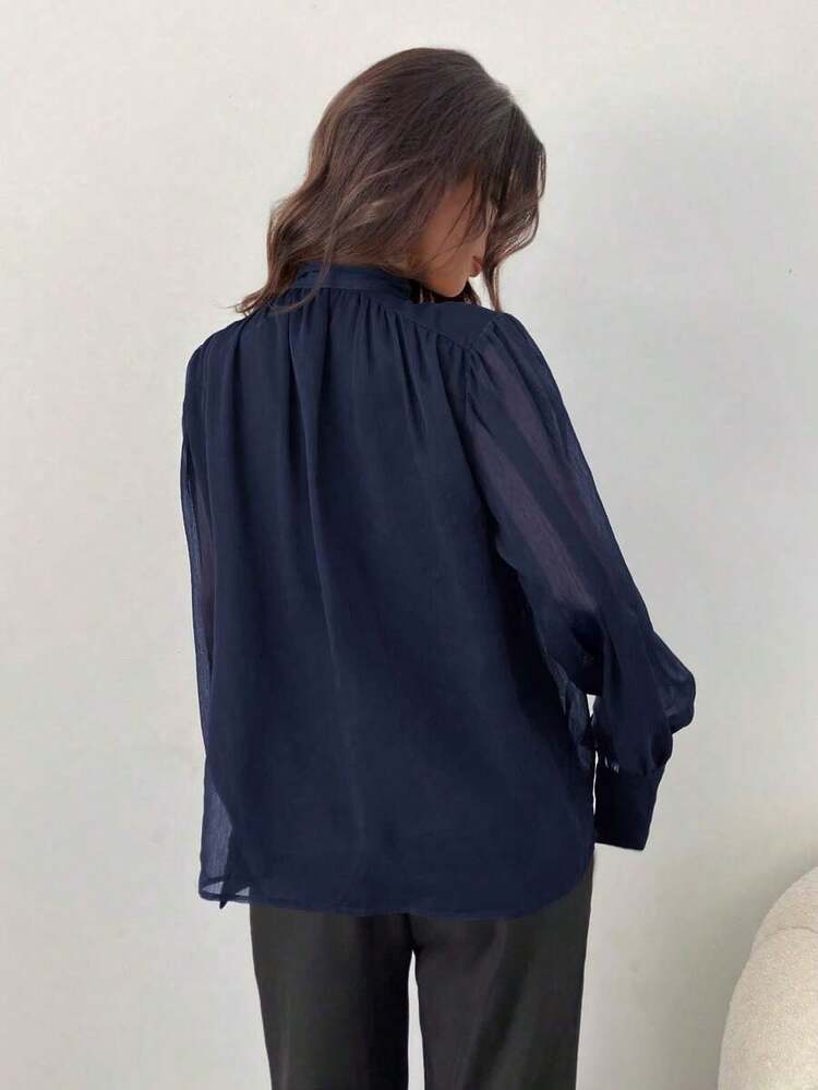 Blusa elegante de gasa con cuello en V profundo y mangas largas con lazo para mujer - Azul marino - Añade 2
