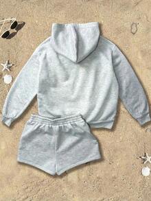 Conjunto de Sudadera con Capucha y Pantalones Cortos   con Estampado de Eslóganes para Vacaciones en la Playa, Conjunto de Sudadera con Capucha y Pantalones Cortos para Mujer, Sudadera con Capucha y Pantalones Cortos con Diseño de Tiburón Ballena, Conjunto de Sudadera con Capucha y Pantalones Cortos Gris, Ropa de Regreso a la Escuela, Ropa de Otoño e Invierno, Otoño e Invierno - Gris 2 - Ver 3