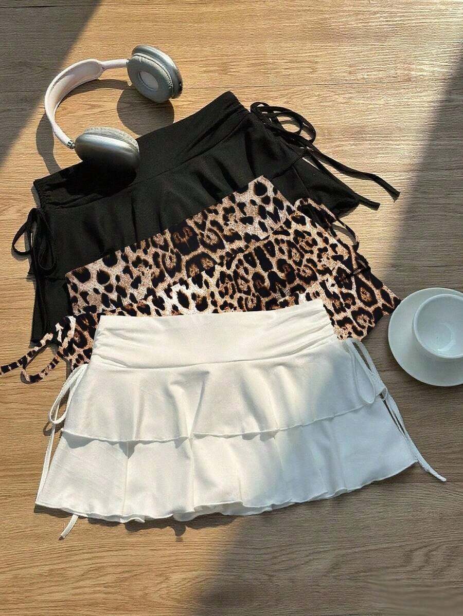 Set de 3 faldas casuales minimalistas con pliegues en la cintura en color negro, blanco y rojo vino, adecuadas para conciertos, cruceros y clubes - Multicolor 6 - Ver 1