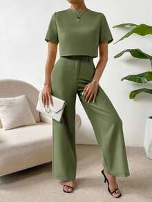 Camisa crop unicolor & Pantalones de pierna ancha - Verde militar - Ver 5