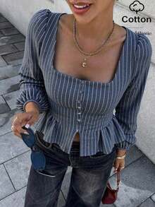Camisa de mujer con cuello cuadrado a rayas, estilo francés - azul real - Ver 1