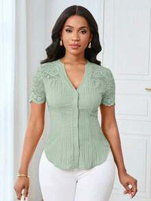 Camisa casual de mujer de unicolor y estilo simple para uso diario, verano - Verde - Ver 6