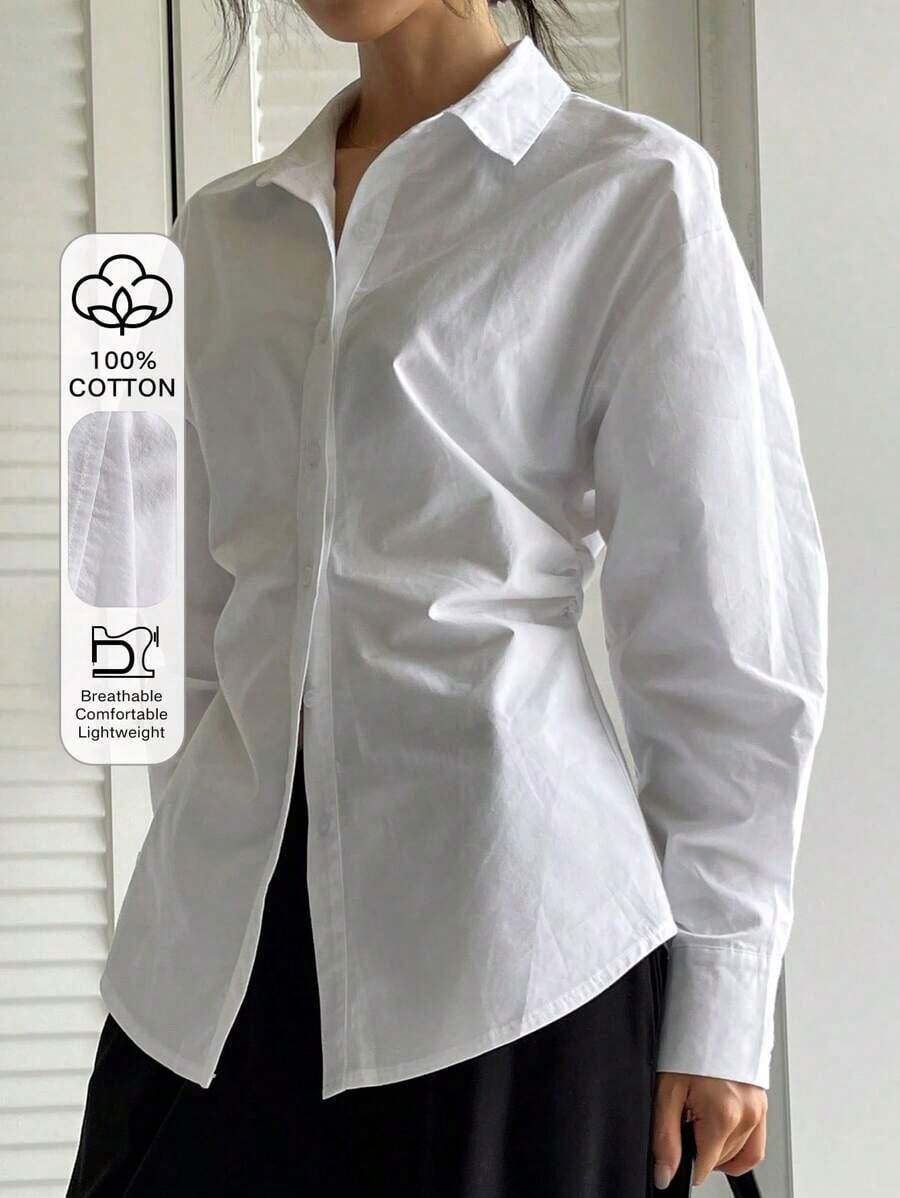 Nueva camisa de manga larga con cuello de solapa y cintura casual de negocios para mujer en otoño - Blanco - Ver 1