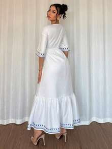 Vestido largo de línea A con escote en V, mangas raglán y cintura ceñida, estilo casual de vacaciones para primavera/verano - Blanco - Ver 2