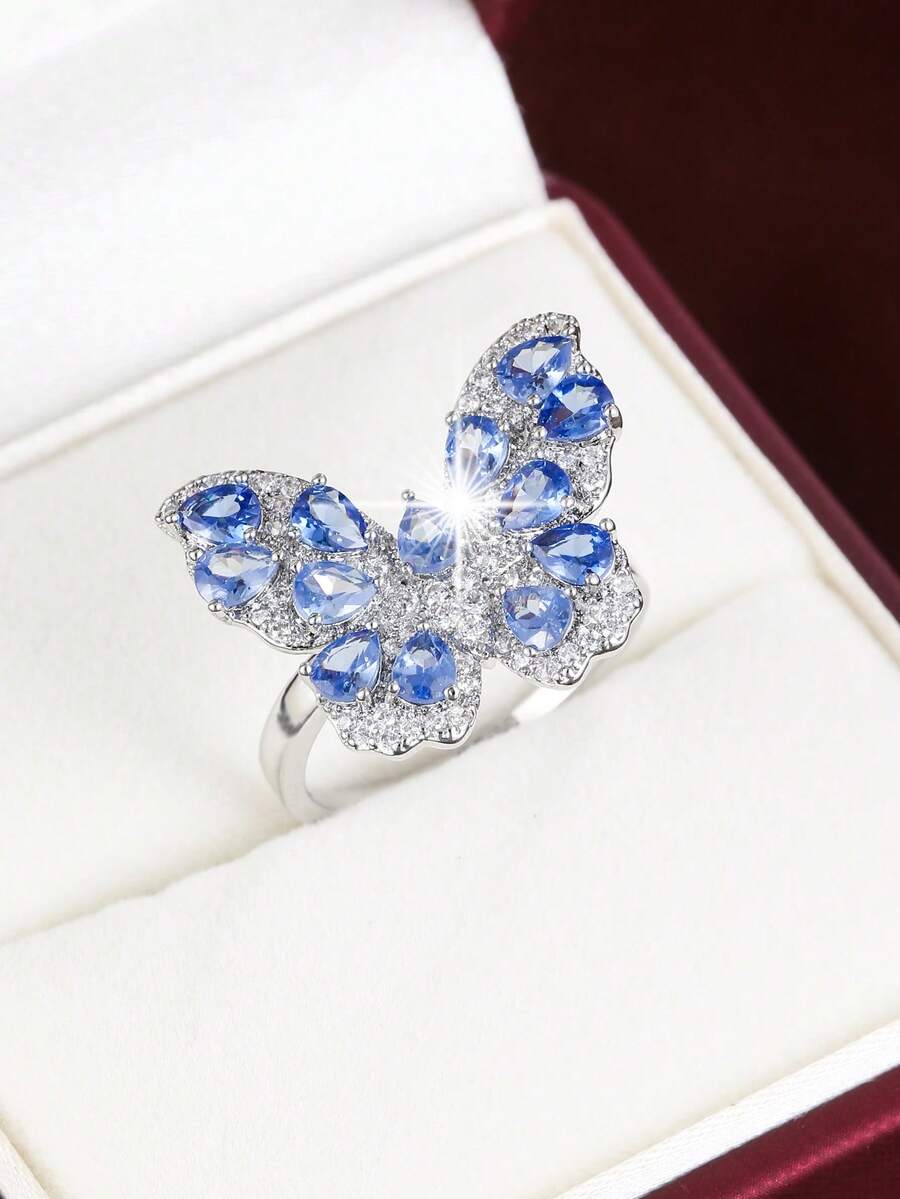 1 chiếc nhẫn điều chỉnh được thiết kế hình bướm, đính đá Cubic Zirconia, dành cho nữ. - Nhiều màu - Xem 1
