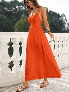 Vestido de playa para mujer con cuello en V, espalda descubierta, cintura ceñida y bajo suelto - Naranja - Ver 7