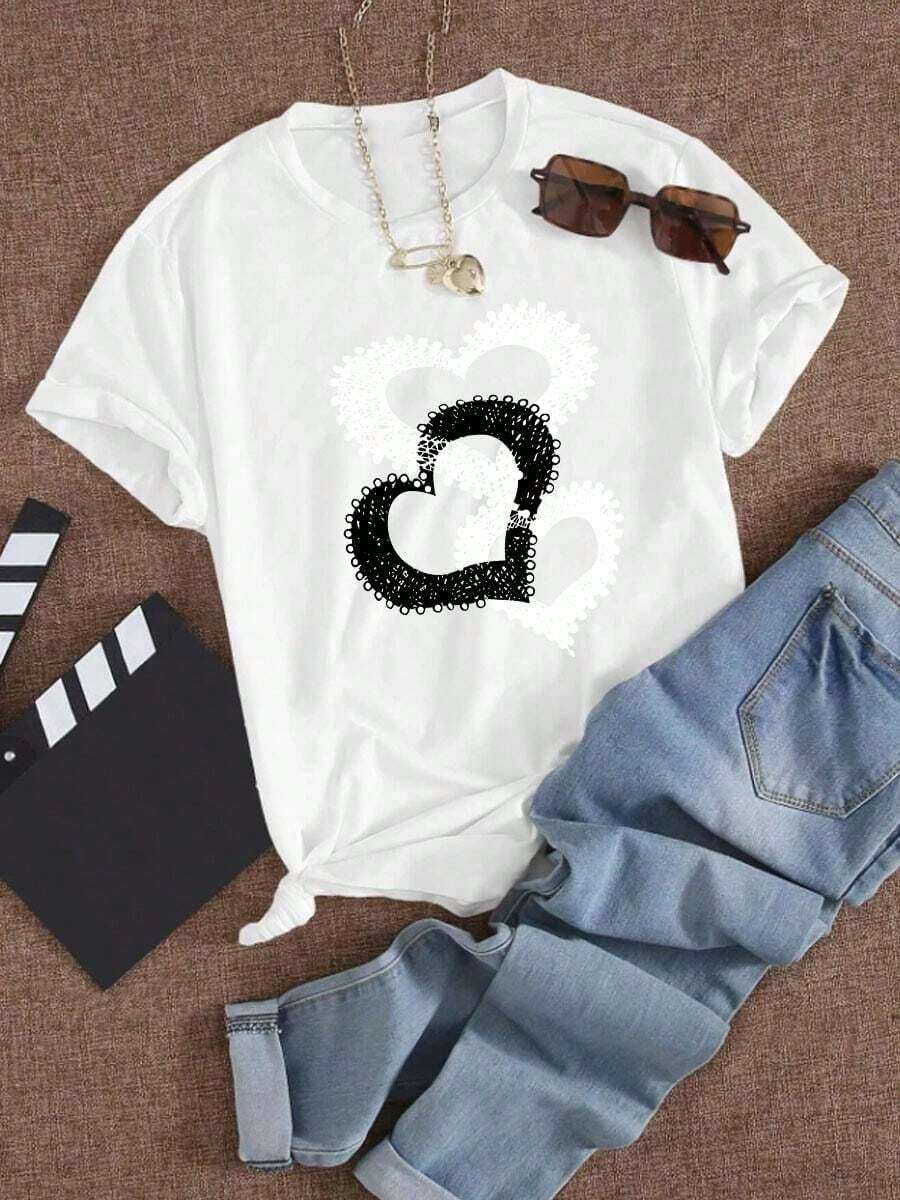 Camiseta de mujer con estampado de letras, holgada y casual, con diseño estampado, sencilla y elegante. - Blanco - Ver 1