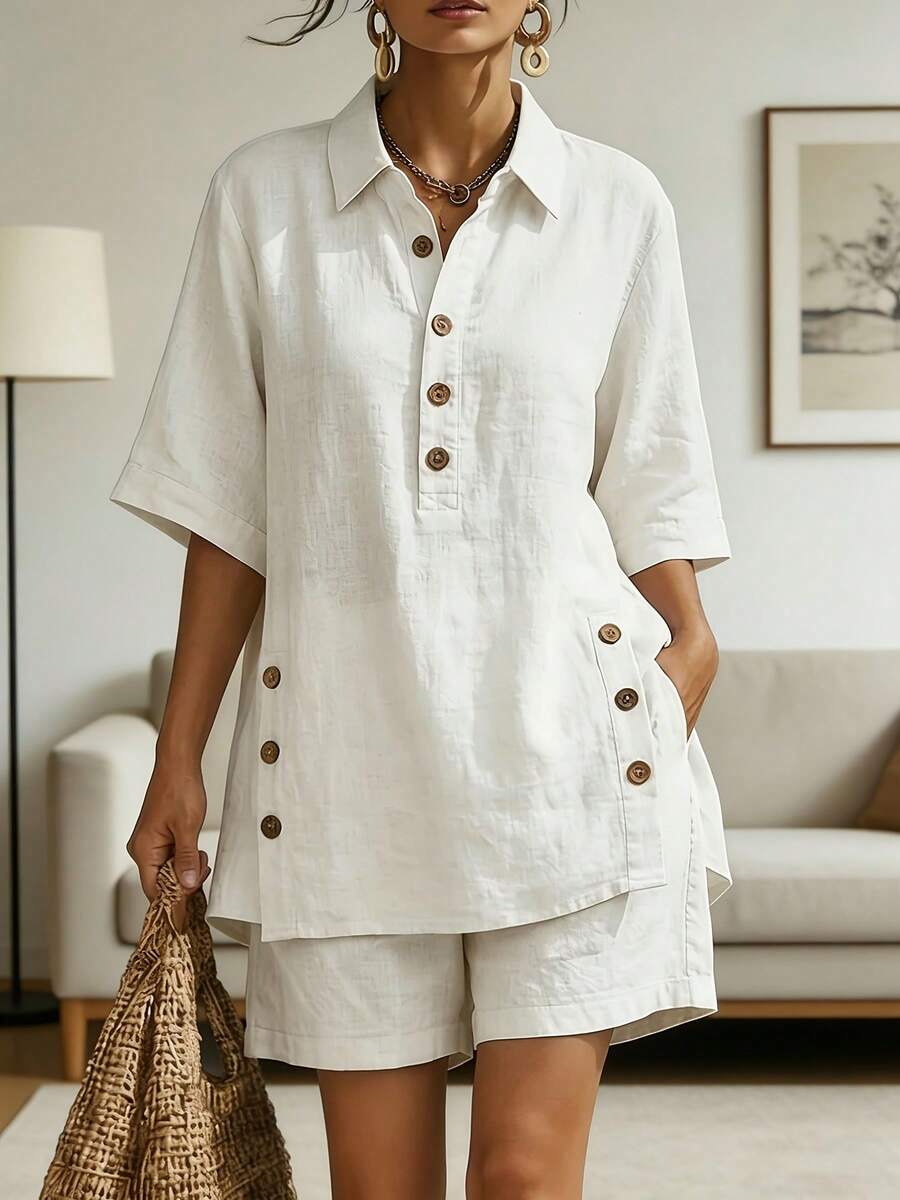 New Women's Two-Piece Set For Spring/Summer 2026, Including Short Sleeved Shirt And Loose Shorts - 白色 - 查看 1