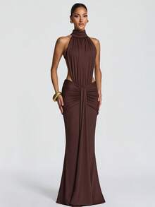 Vestido sirena largo unicolor primavera verano espalda descubierta ajustado para fiesta noche estilo europeo elegante moda nueva para mujer - Dorado - Ver 8