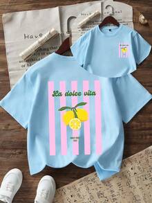Camiseta de cuello redondo de manga corta con estampado gráfico informal para niñas preadolescentes, top de verano - Celeste - Ver 5