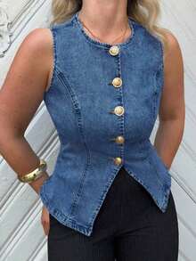 Camisa vaquera sin mangas con botones delanteros lavada para mujer - Azul lavado medio 2 - Ver 3