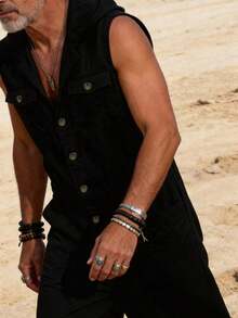 Men's Loose Summer Casual Lazy Lightweight Hooded Tank Top Multi-Pocket Jumpsuit - Black - View 6