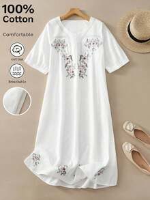 Vestido largo midi casual y elegante de verano para mujer, con estilo vintage bohemio, manga corta, cuello en V, bordados y botones, corte evasé en color blanco - Morado - Ver 7