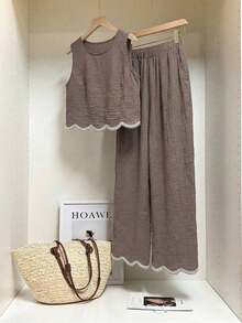 Frenchy Conjunto de 2 piezas de top sin mangas de cuello redondo a cuadros y pantalones para mujer - Óxido marrón - Ver 4