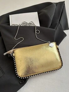 Women's Beaded Chain Strap Crossbody Bag, Retro Colorful Laser Holographic Metallic Envelope Clutch Purse - Rose Gold - View 4