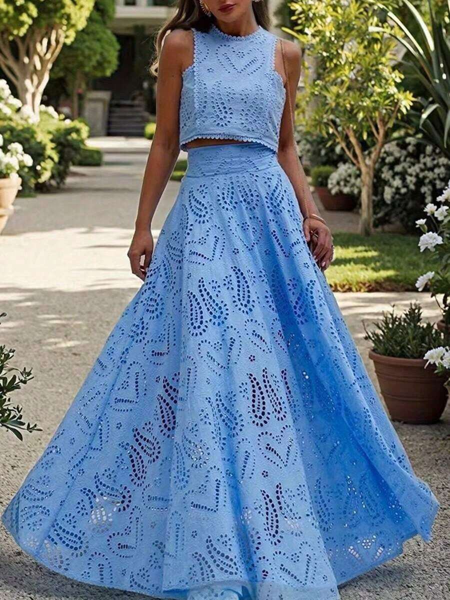 Women's 2 Piece Skirt Outfits Sleeveless O Neck Eyelet Tank Tops Long Flowy Skirt Set - Blue - View 1