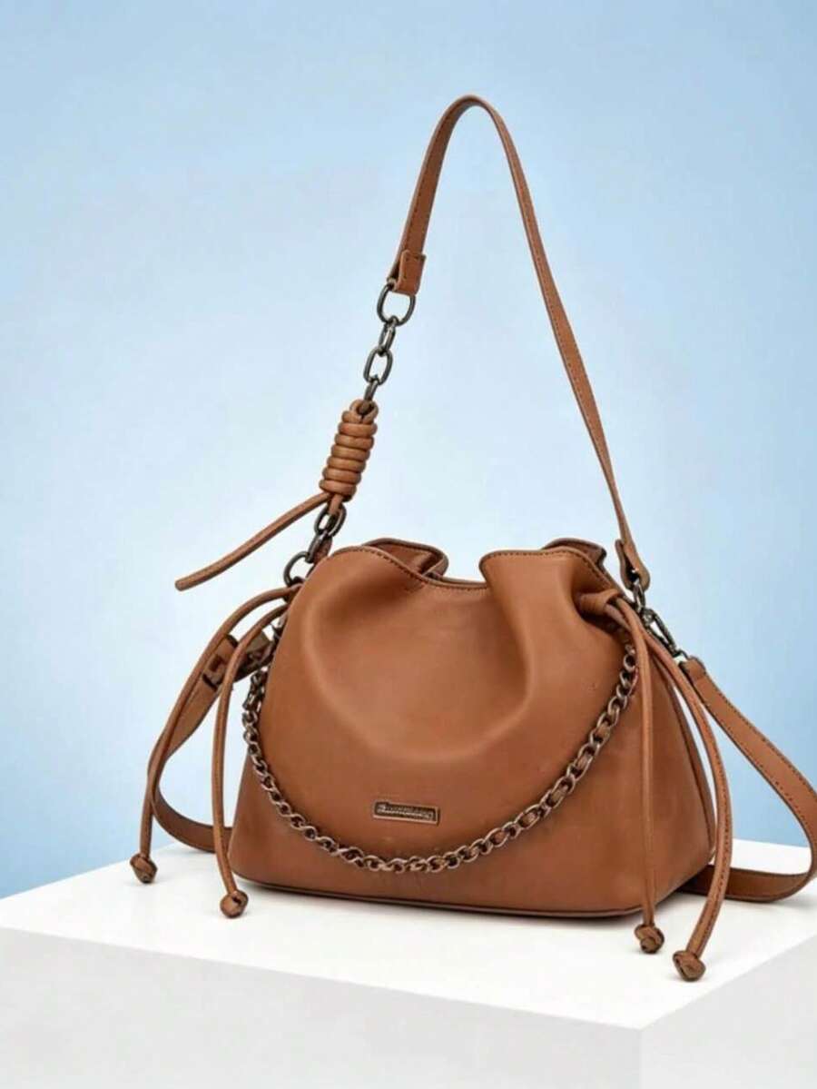 Women's Bucket Bag With Crossbody Chain Strap - Casual And Versatile Style - Marrón - Ver 1
