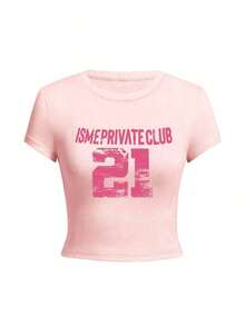 Playera cuello redondo manga corta para mujer, modelo nuevo de verano con estampado de letras, corte ajustado ombliguero muy versátil, estilo casual juvenil ideal para uso diario, salidas y combinar con cualquier ropa THSW - Rosa - Ver 6