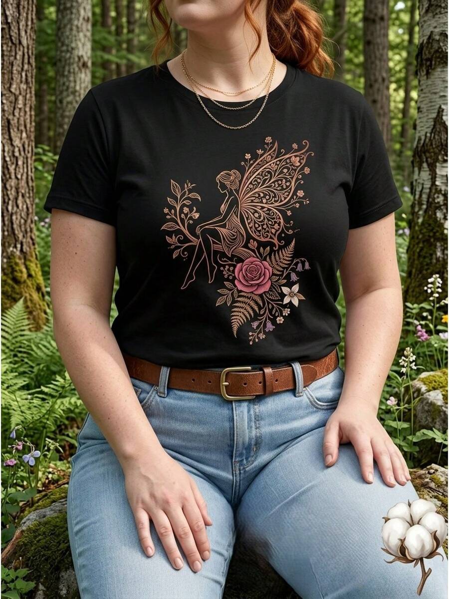 Talla grande, 1 pieza de ropa de verano para mujer de talla grande, camiseta con estampado gráfico de hada, alas detalladas y rosa para paseos por la naturaleza, ajuste holgado, cuello redondo, manga corta, top casual, regalos de festividades, camiseta pura de uso diario, camiseta de verano elegante