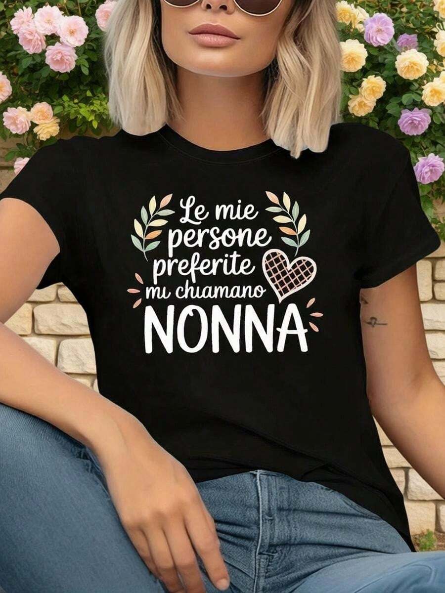 1 pieza clásica y versátil, camiseta de manga corta de algodón puro con estampado humorístico de mi persona favorita, que me llama abuela. Estilo moderno - Negro - Ver 1