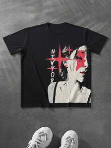 Manfinity  T-Shirt Casual da Uomo, Manica Corta per Uso Quotidiano, abbigliamento uomo, top uomo, t-shirt uomo, estate, outfit estivo uomo, y2k, streetwear, camicia estiva uomo, t-shirt personalizzata, T-Shirt Stampata Uomo Donna - nero - Visualizzare 1