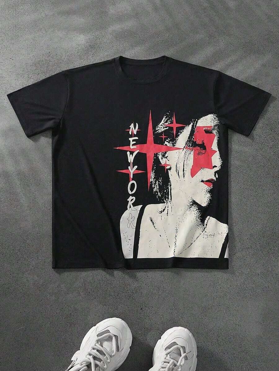 Manfinity  T-Shirt Casual da Uomo, Manica Corta per Uso Quotidiano, abbigliamento uomo, top uomo, t-shirt uomo, estate, outfit estivo uomo, y2k, streetwear, camicia estiva uomo, t-shirt personalizzata, T-Shirt Stampata Uomo Donna - nero - Visualizzare 1