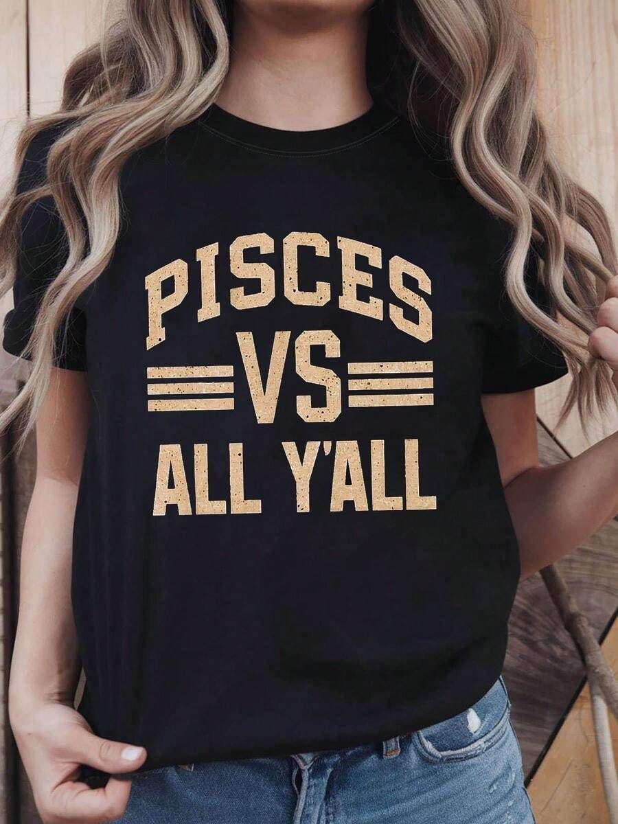 1 pieza clásica y versátil, camiseta de manga corta de algodón puro con estampado de texto PISS VS ALL Y'ALL, estilo moderno, adecuada para usar en todas las estaciones. - Negro - Ver 1