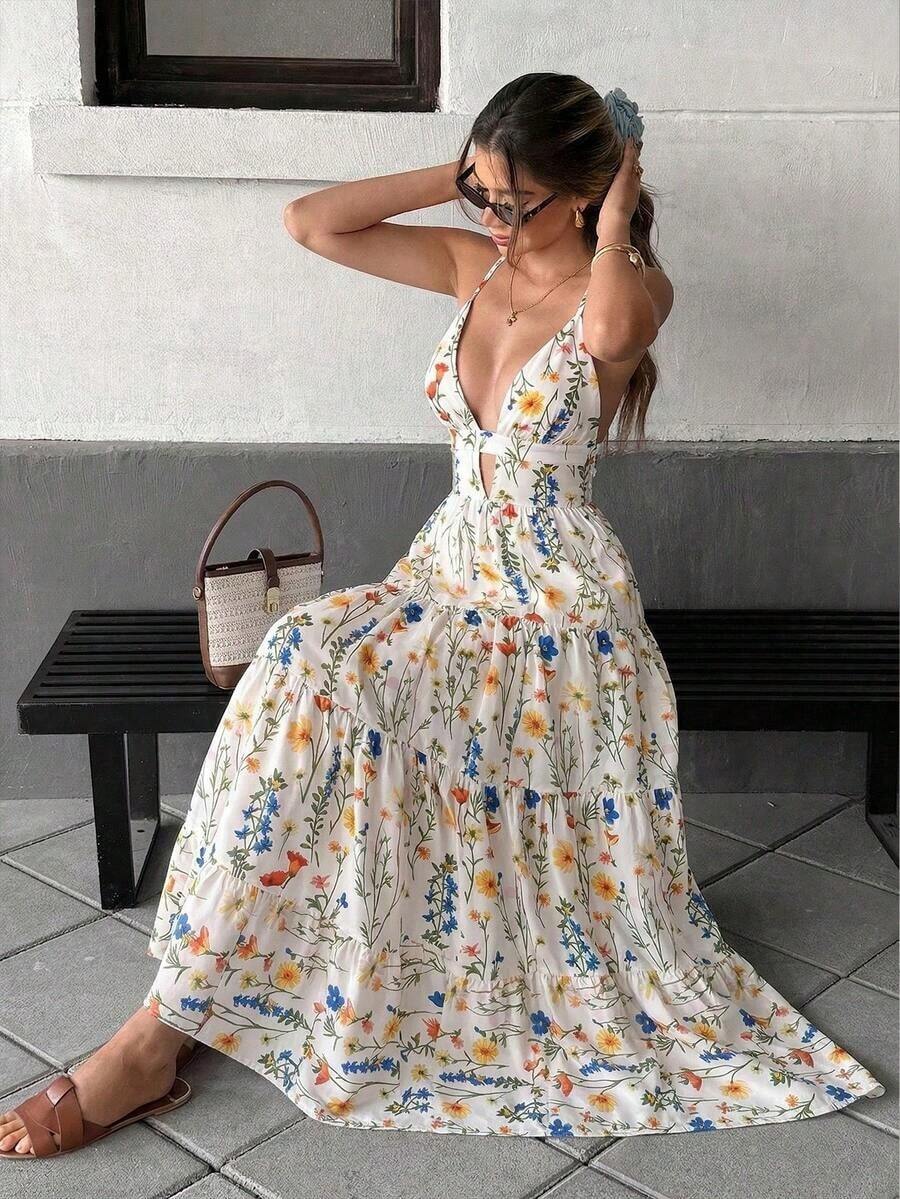 Vestido con dobladillo suelto de parches y corbata al cuello, estilo sencillo y casual para vacaciones para mujeres - Multicolor - Ver 1