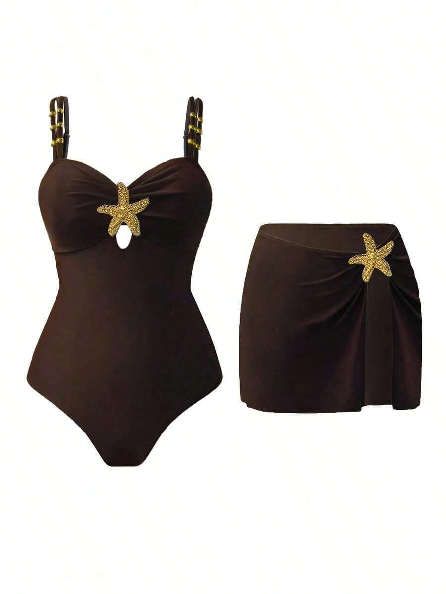 Swim Oasis 1 pieza Traje de baño de una sola pieza casual de vacaciones con decoración de pentágono lindo para mujer - Café integral - Ver 1