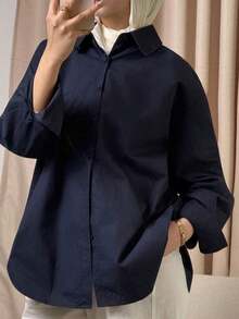 Blusa suelta de manga larga con cuello vuelto, abertura en la espalda y lazo, unicolor, ropa de otoño para mujer - Azul marino - Ver 6
