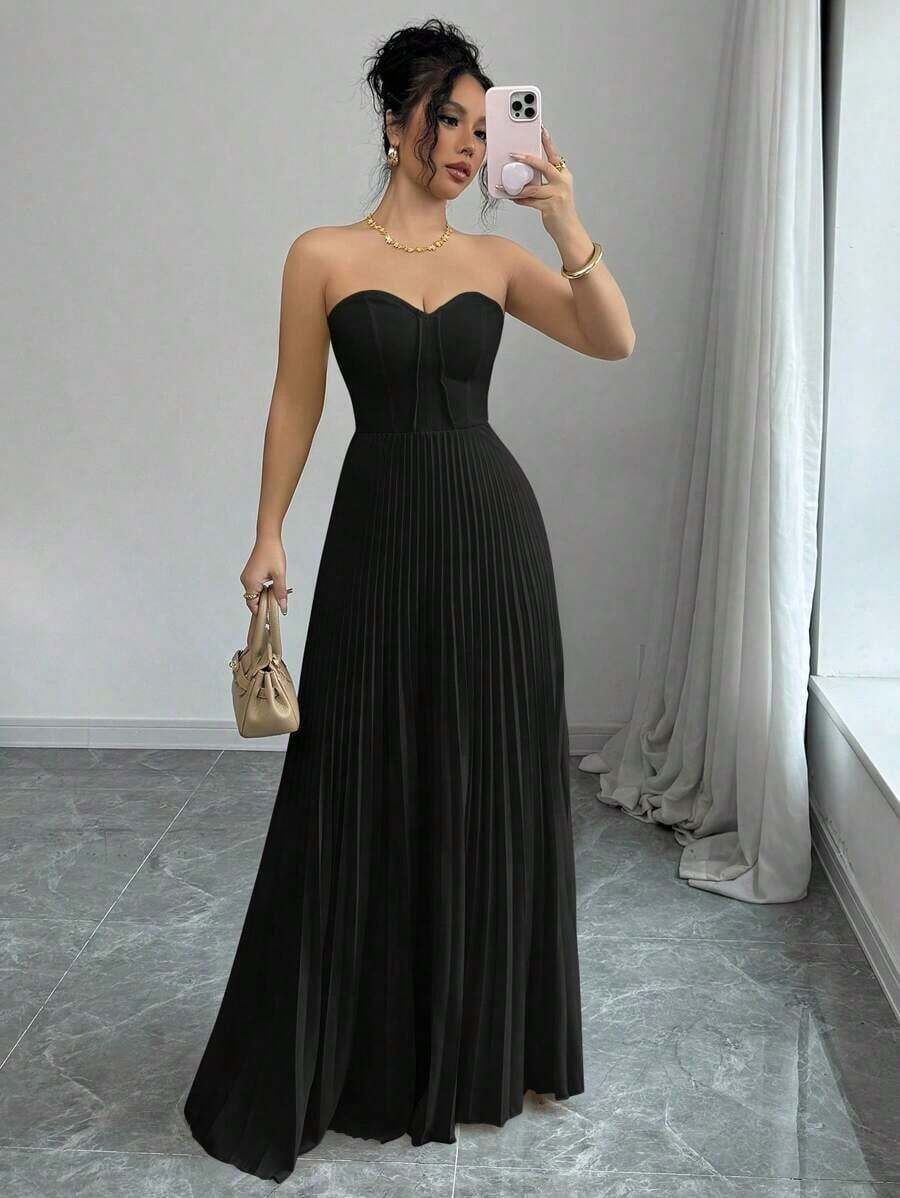 Vestido elegante y romántico con cintura fruncida y bajo en línea A para mujeres - Negro - Ver 1