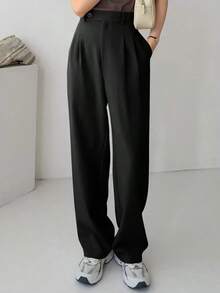-Less Pantalón de vestir casual de negocios para mujer de pierna recta y unicolor - Negro - Ver 6