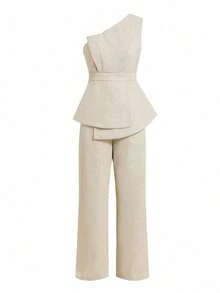 Conjunto de 2 piezas de verano para mujer con top asimétrico de hombro y pantalón recto de tela texturizada color albaricoque, atuendos de verano, ropa de oficina informal para maestras y mujeres de negocios, conjunto de lino con top fuera del hombro y atuendo informal de negocios para mujer - Caqui 2 - Ver 3