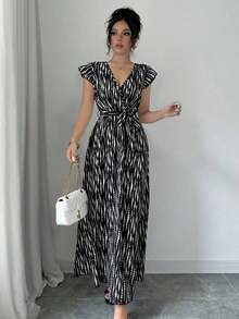 Vestido largo con corte evasé y mangas con volantes, con cintura ajustada, elegante para mujer, apto para todas las estaciones - Negro - Ver 5