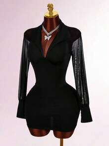 Vestido mini ajustado con cuello en V blanco, cintura ceñida, para mujer, estilo romántico de primavera - Negro - Ver 4