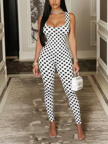 Bộ jumpsuit không tay, hở lưng, ôm sát, in chấm bi của DOUCIU, phong cách hộp đêm. - trắng - Xem 5